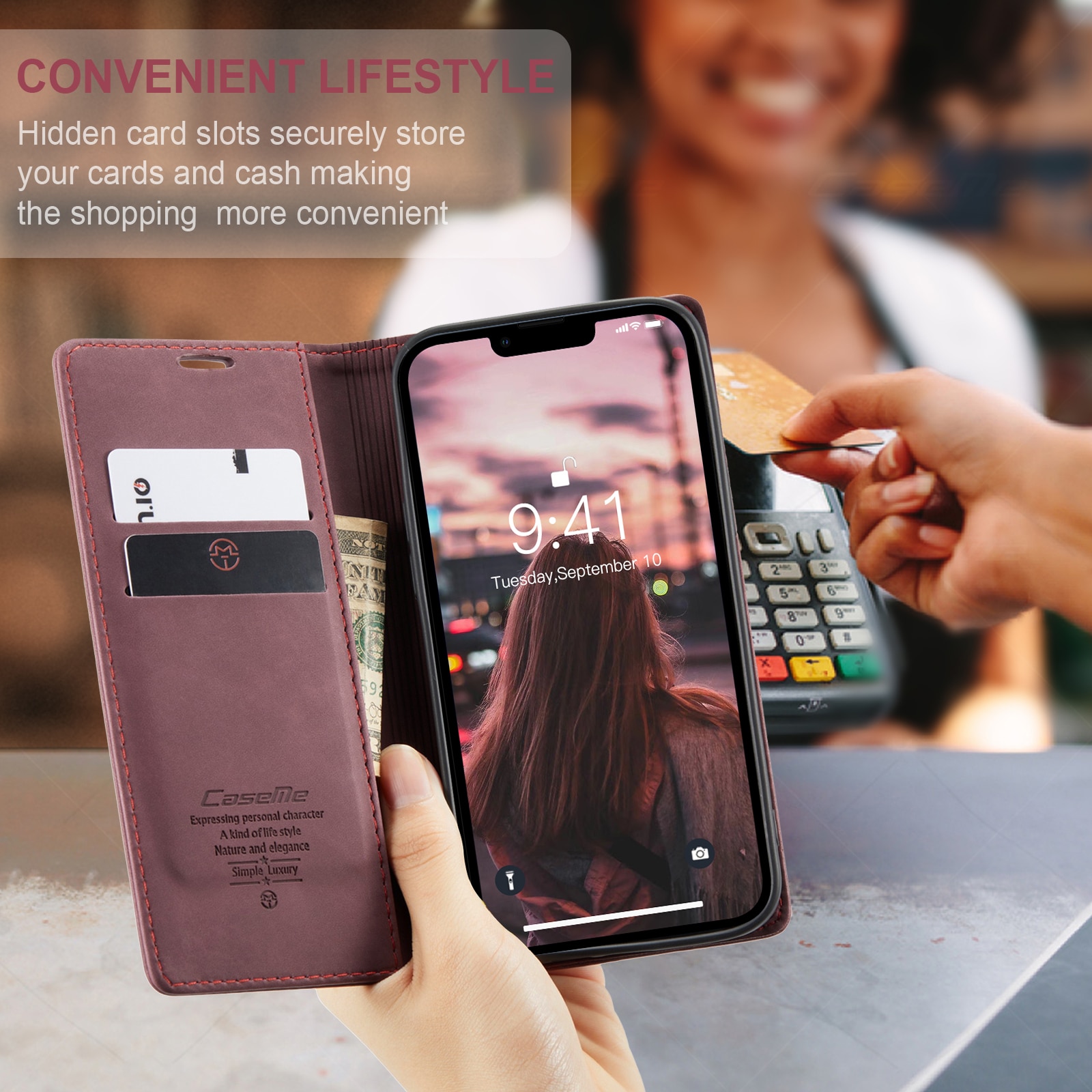 Husa pentru iPhone 14, CaseMe, slim piele, tip portofel, stand, inchidere magnetica, textura catifelata, Visiniu