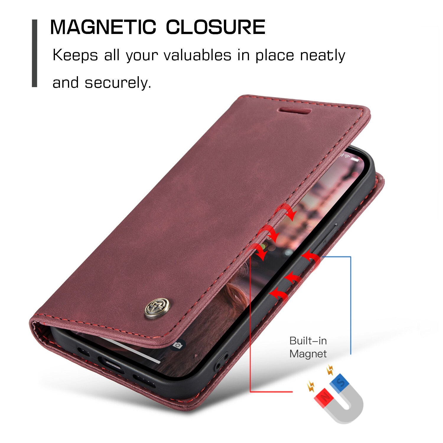 Husa pentru iPhone 14, CaseMe, slim piele, tip portofel, stand, inchidere magnetica, textura catifelata, Visiniu