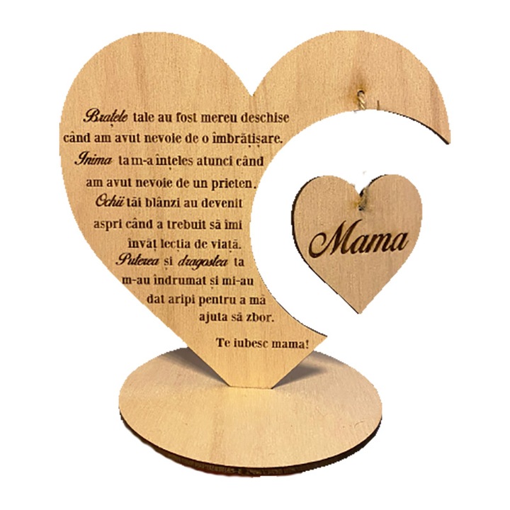 Decoratiune Te iubesc Mama, inima mesaj pentru mama, personalizata, lemn natur, 20cm