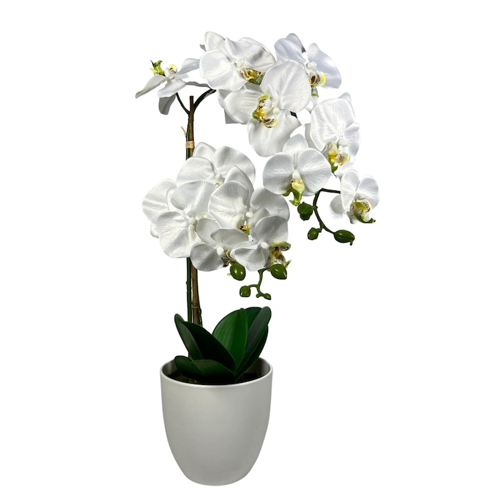 Бяла изкуствена орхидея, две телчета, бяла пластмасова саксия, 53 см