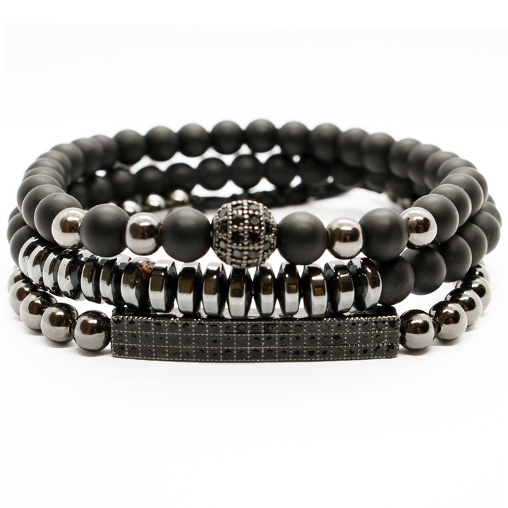 Set 3 bratari barbati Lerods cu accesorii zirconiu, margele metalice si pietre naturale