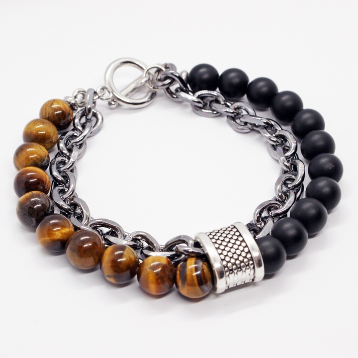 Bratara barbati Lerods cu pietre naturale ochi de tigru si roca vulcanica, culoare maro cu negru