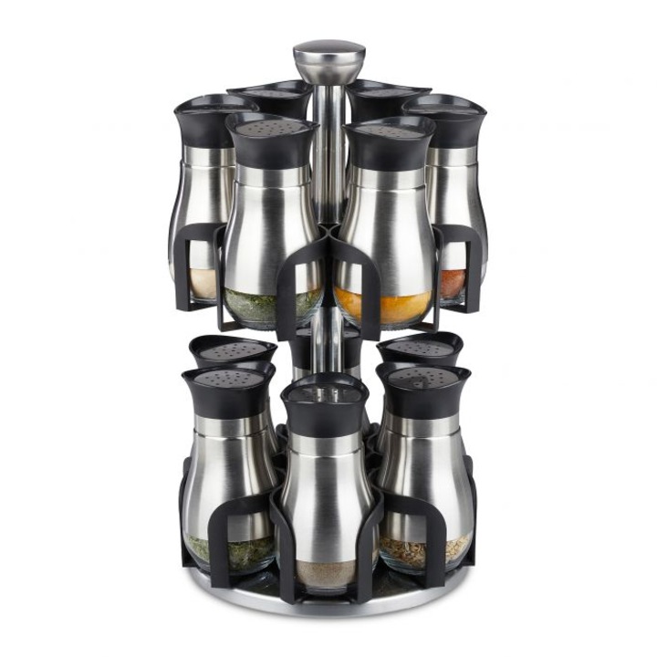 Set 12 recipiente condimente cu suport rotativ, inox, 31.5 x 18 cm, Relaxdays