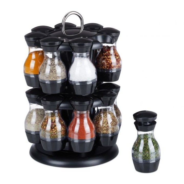 Set 16 recipiente condimente cu suport rotativ, inox, 29 x 19 cm, Relaxdays