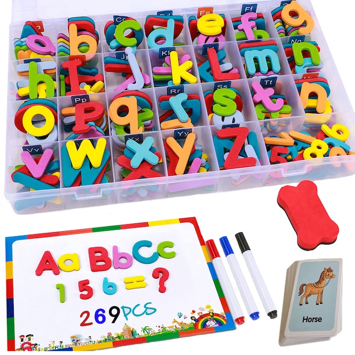 Set 269 piese cu litere alfabet si cifre magnetice, MorFansi, 1 tabla magnetica cu doua fete si cutie de depozitare, jucarii educative pentru copii de 3 ani+