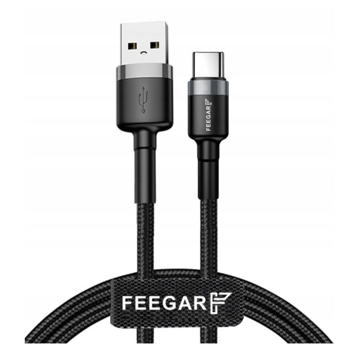 Cablu USB-A Typ C, Feegar, Quick Charge 3.0 5A, nailon, 100 cm, Negru