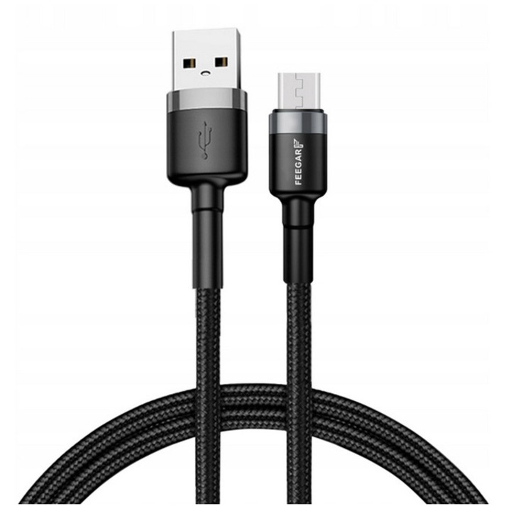 Cablu micro-USB, Feegar, QC 3.0 nylon 2.4A, nailon, 100 cm, Negru/Gri
