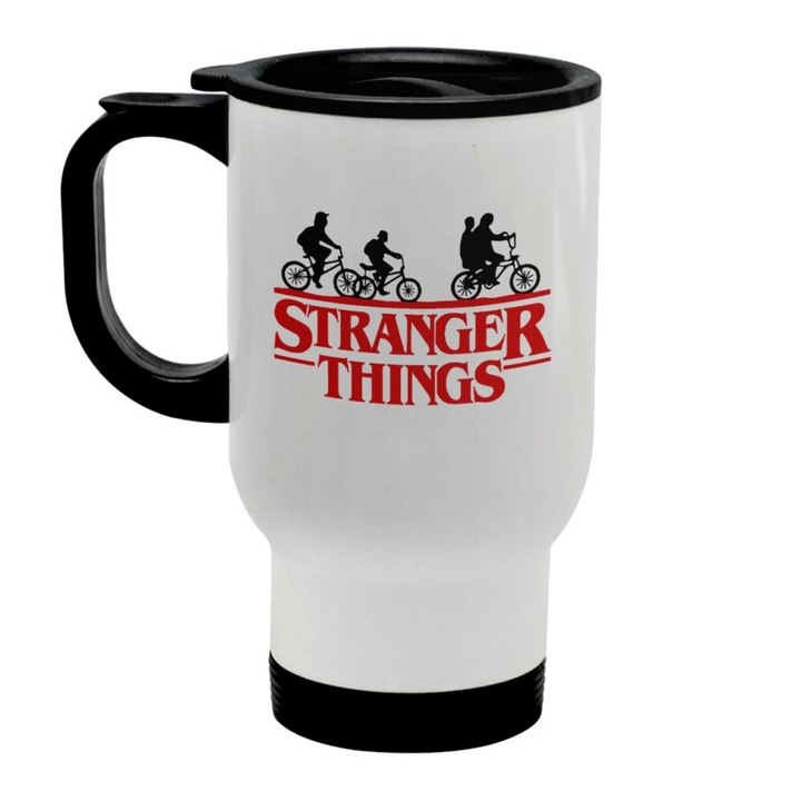 Cana termos Stranger Things, Cu maner, Inox, 450 ml, Alb