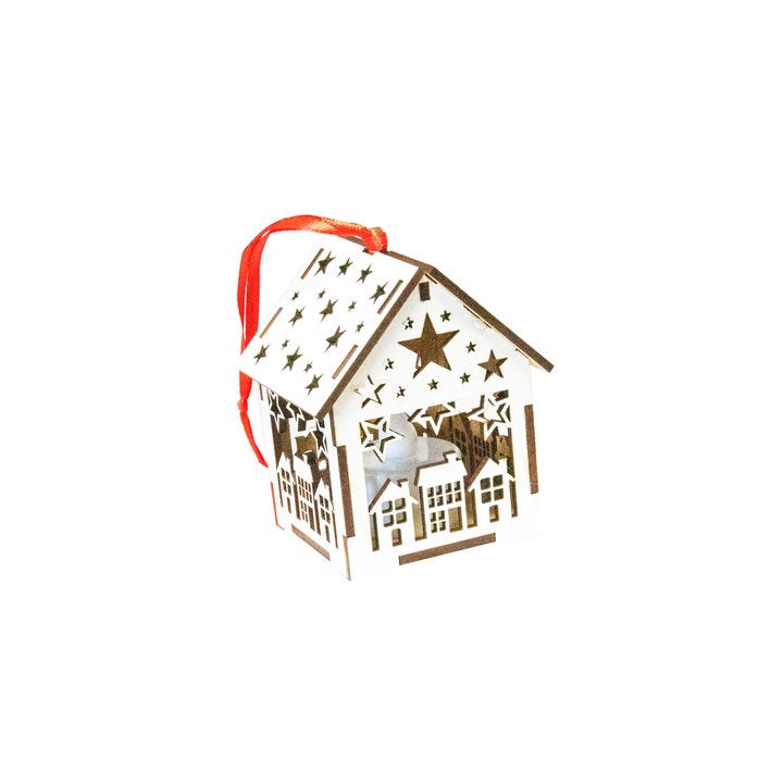 Casuta din lemn cu LED cu motiv de Craciun, model 2, alb, 6x6x8 cm