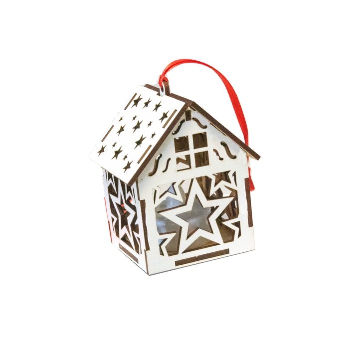 Casuta din lemn cu LED cu motiv de Craciun, model 3, alb, 6x6x8 cm