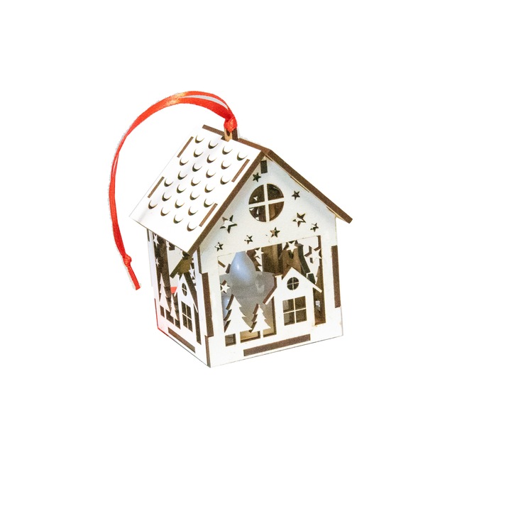 Casuta din lemn cu LED cu motiv de Craciun, model 6, alb, 8x8x11 cm