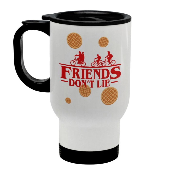Cana termos Stranger Things - Friends Don't Lie, Cu maner, Inox, 450 ml, Alb