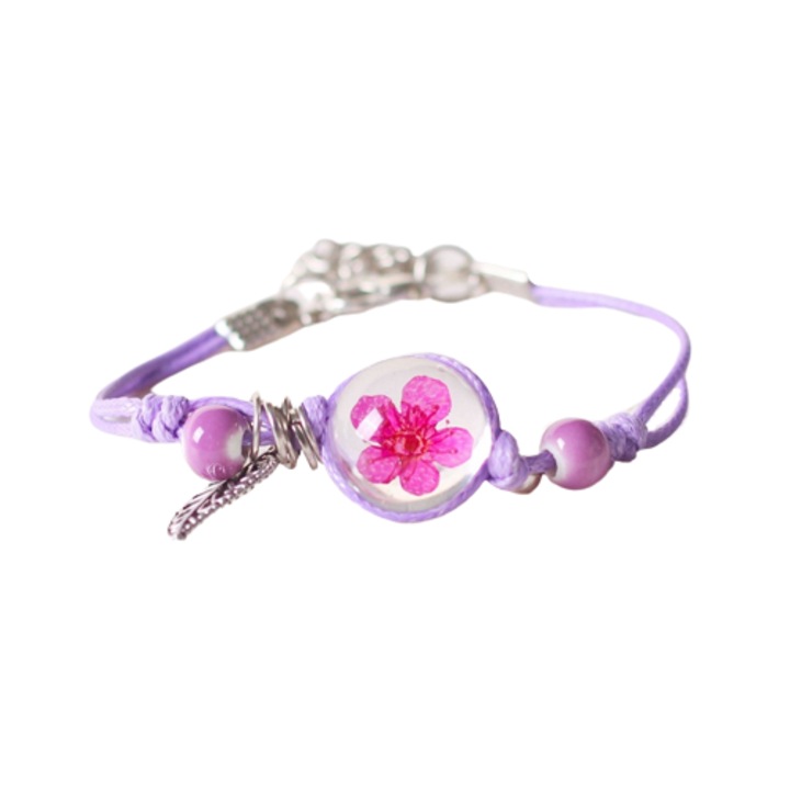 Bratara dama, snur, pandantiv rotund bohemian, mov, cu detaliu argintiu frunza, reglabila, EFAYN