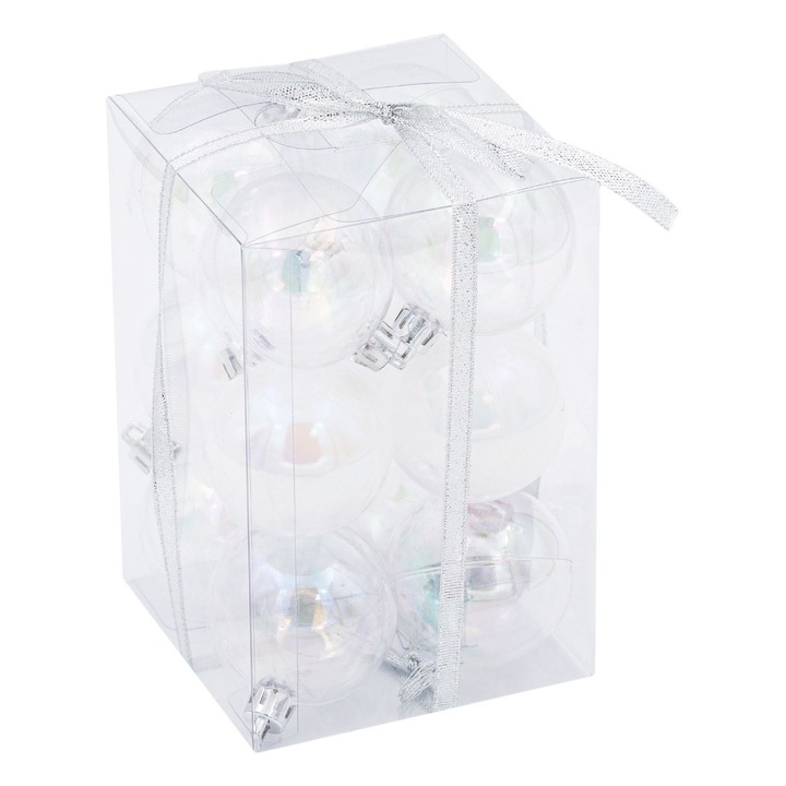 Set 12 globulete brad de Craciun Shopiens® Transparente Albe Irizate, 8 cm