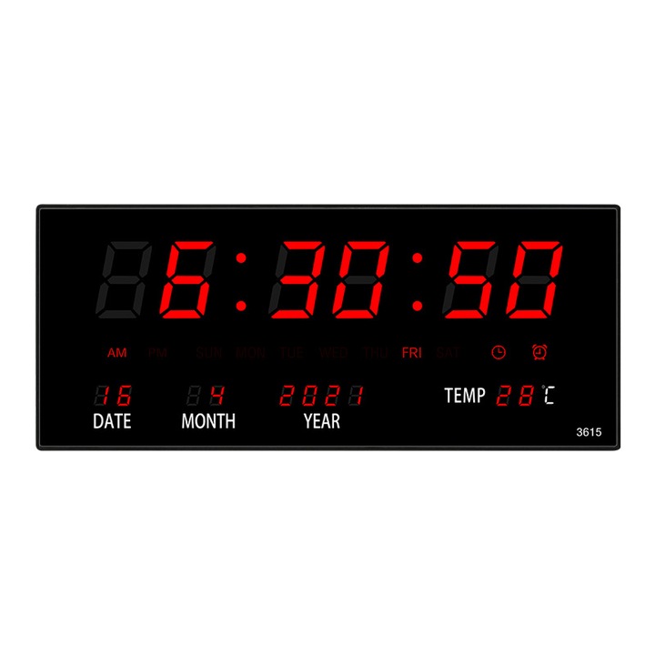 Цифров стенен часовник с червена LED светлина, календар, температура, аларма, термометър 36x15 см