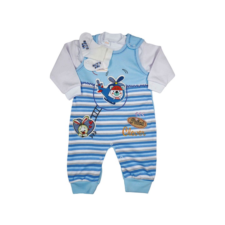 Set "Avion" 3 Piese Salopeta,Bluza Maneca Lunga Si Sosete 100% Bumbac, Albastru deschis, 74 CM