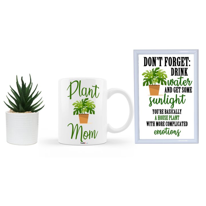 Set cadou personalizat pentru iubitorii de plante, cana ceramica alba cu mesajul "Plant Mom", rama foto 10 x 15 cm si planta artificiala in ghiveci ceramic