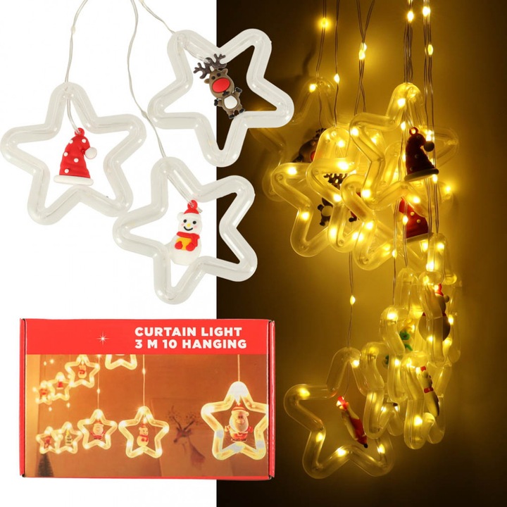 Karácsonyi figurás USB LED-függöny 3m, meleg fehér