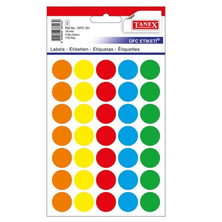 Etichete Autoadezive Color Mix, D19 Mm, 175 Buc/set, Tanex - Culori Asortate