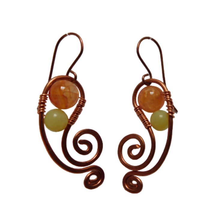 Cercei din cupru, Paisley M, cu carneol si peridot, 4,5 cm