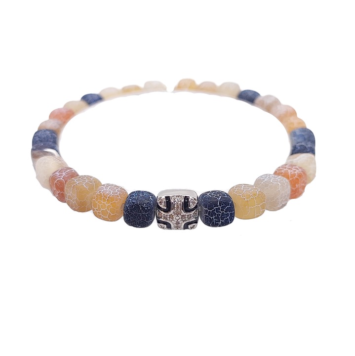 Bratara elastica barbati, placat cu argint, pietre naturale semipretioase agate