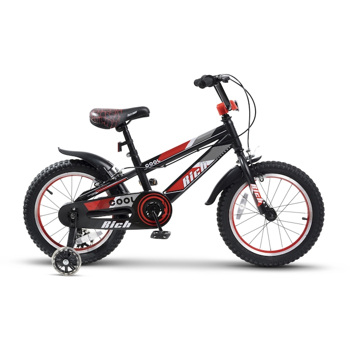 Bicicleta copii 3/5 ani Kids BMX Hunterr, JSX14Wtb, roti 14", frane C-Brake, cauciucuri late tip MTB, roti ajutatoare cu led, negru cu rosu