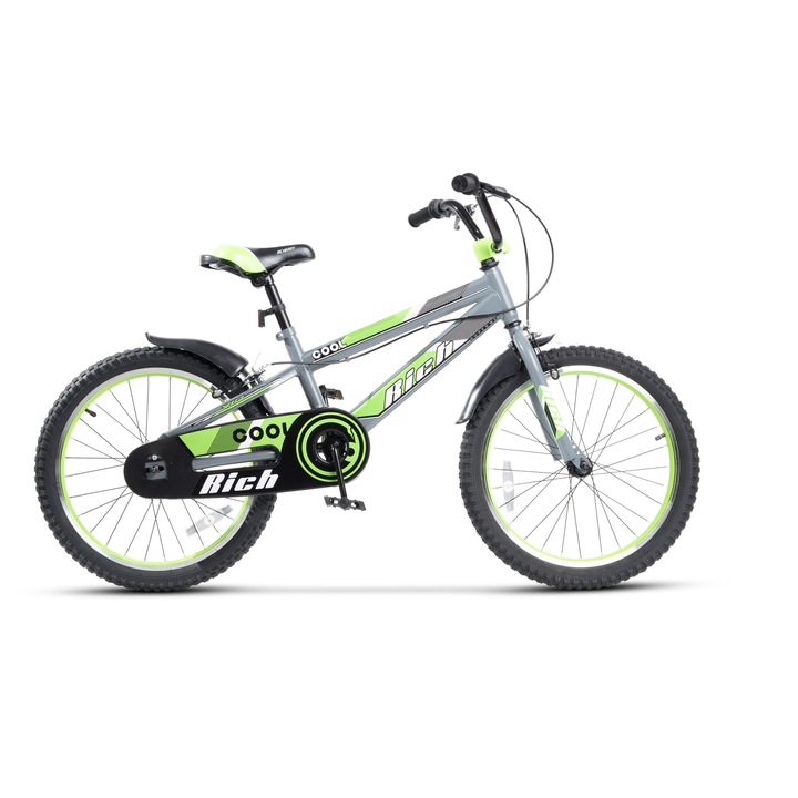 Bicicleta MTB Copii Rich 7/10 ani unisex JSX20Wtb, roata 20 inch, frana tip C-Brake, gri cu verde