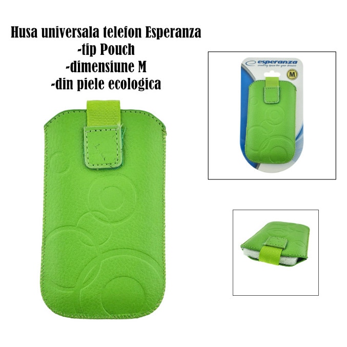 Husa universala tip saculet, din piele ecologica, Esperanza 90662, dimensiune M, 125 x 75 x 15mm, verde Verde Etui