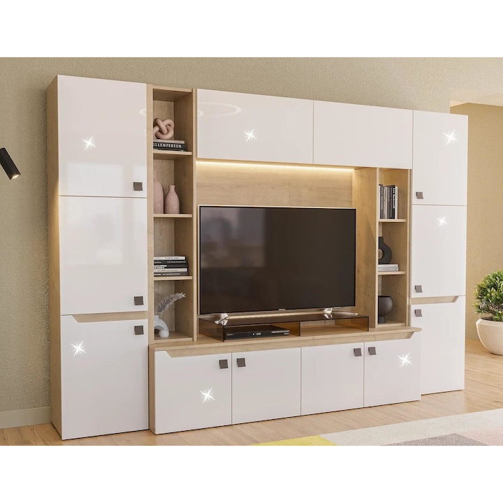 Комплект мебели за дневна Sani Smart 290, Led осветление, Дъб дебраска / Бял Гланц