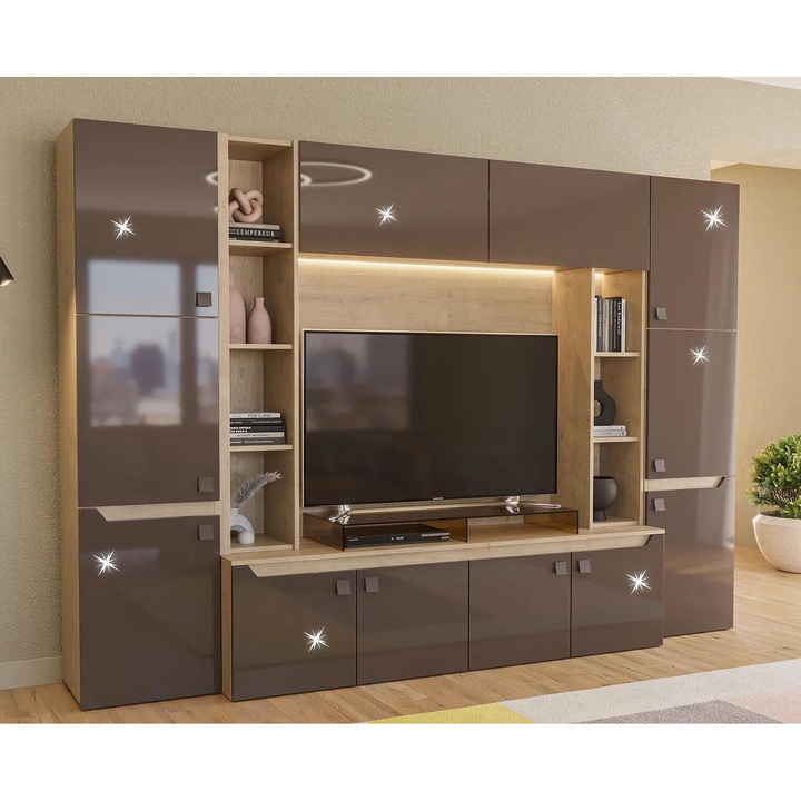 Комплект мебели за дневна Sani Smart 290, Led осветление, Дъб дебраска / Трюфел Гланц