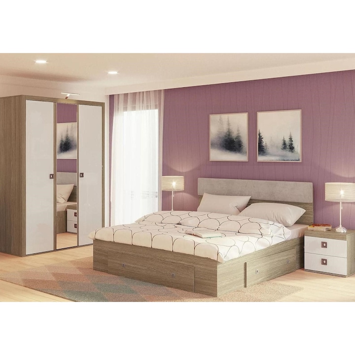 Комплект мебели за спалня Sani Domino 3D, Легло с чекмедже и тапицирана табла, Гардеоб с огледало, 2 нощни шкафчета, Дъб / Кашмир Гланц