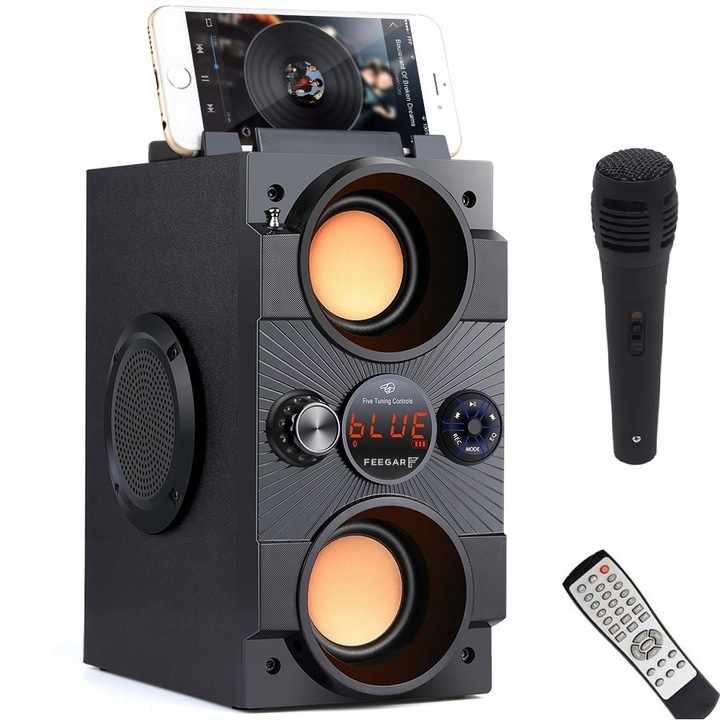 Hordozható Bluetooth hangszóró, Feegar és mikrofon, 4000 mh, rádió, USB, 240 x 115 x 190 mm, fekete