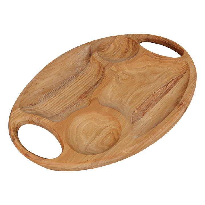 Platou servire cu Manere compartimentat din Lemn, Oval, Maro, 30x30 cm