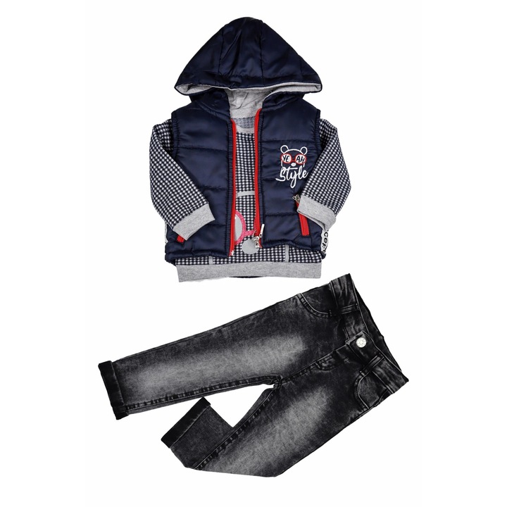 Compleu Baieti "Yeah Style" 3 Piese Vesta Fas Plin Matlasat,Bluza Maneca Lunga Si Blugi, Bleumarin