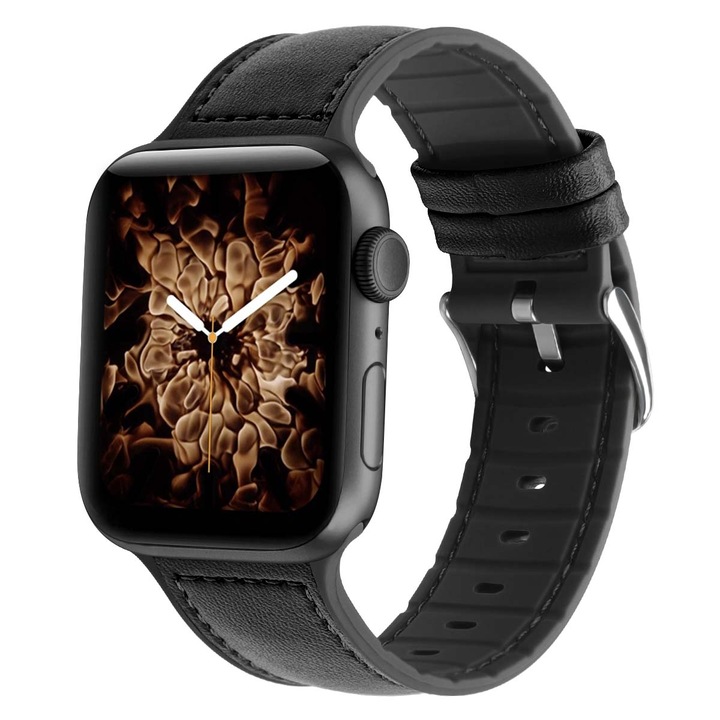 Curea smartwatch, Matcheasy, Piele naturala, Compatibila cu Apple Watch 40/38/41/42mm, Negru