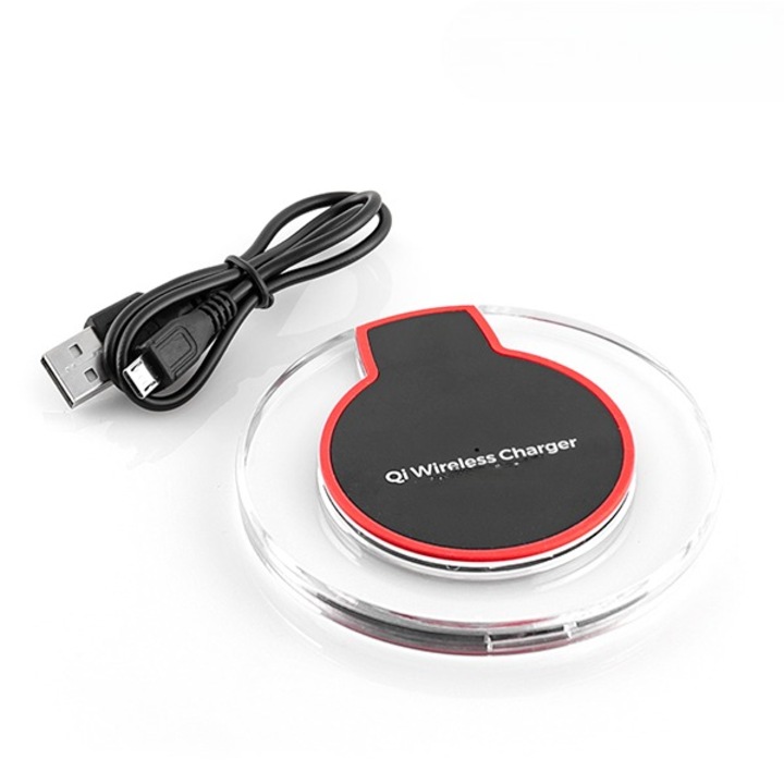Incarcator wireless pentru telefoane OM Market, Cablu USB, Negru, Rosu, Transparent