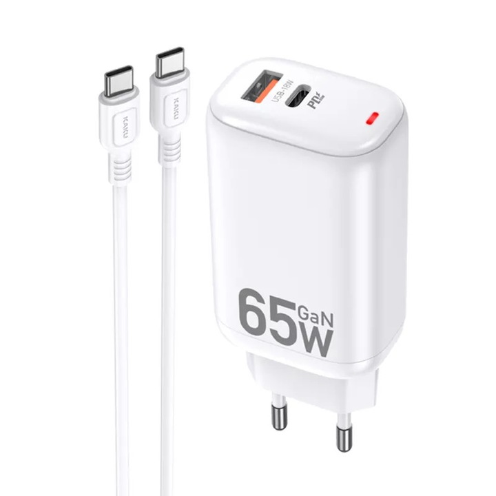 Hálózati töltő 65W PD, Gyorstöltés Kakusiga, TypeC, Fehér