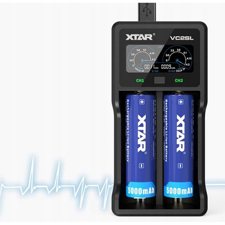 Incarcator de baterie VC2SL, XTAR, LCD, LI-ION, 18650, 14500, 26650, 66 x 32 x 129 mm, Negru