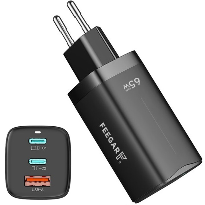 GALL hálózati töltő, Feegar, GaN, 65 W, 3x USB Type C, PD, 36 x 32 x 102,8 mm, fekete