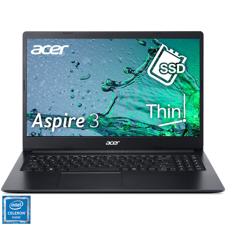 Laptop ultraportabil Acer Aspire 3 A315-34 cu procesor Intel® Celeron® N4020 pana la 2.80 GHz, 15.6", Full HD, 4GB, 256GB SSD, Intel® UHD Graphics 600, No OS, Black