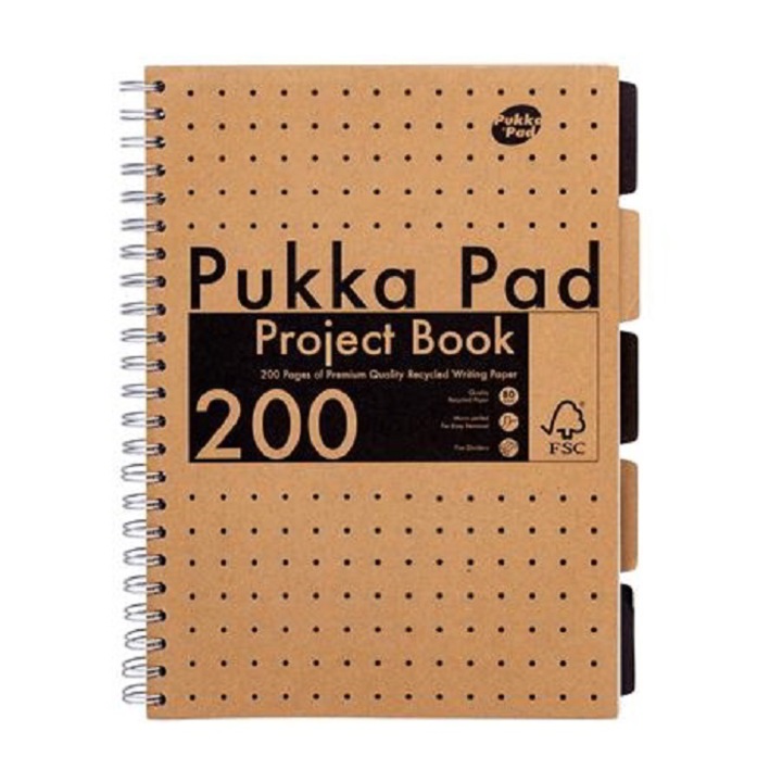 Тетрадка със спирала и разделители Pukka Pads Jotta Kraft Project Book, A4 dictando, 200 листа, 80 g хартия, твърди корици