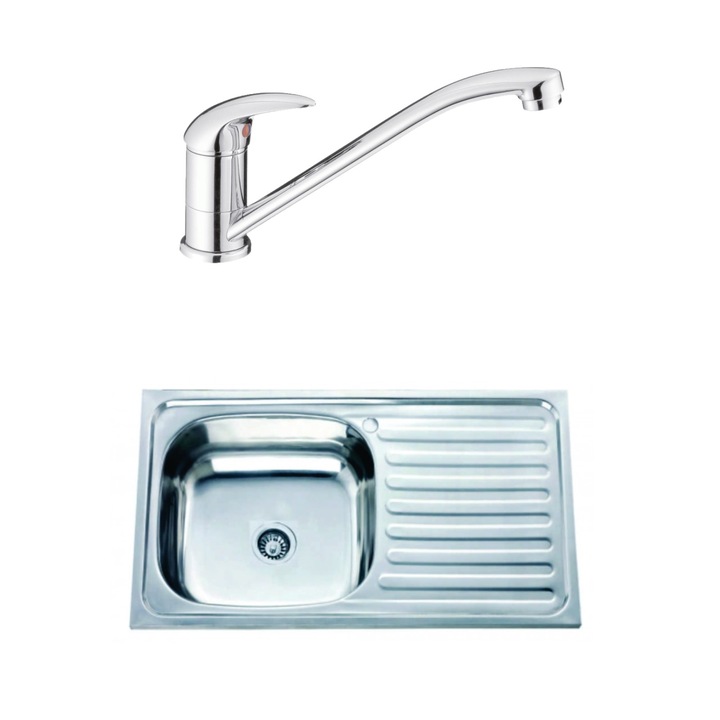 Set chiuveta de bucatarie, Inter Ceramic, Piedmont ICF 7111022, Incorporat, Cu blat dreapta, 75 x 40 cm, 2 piese, Crom