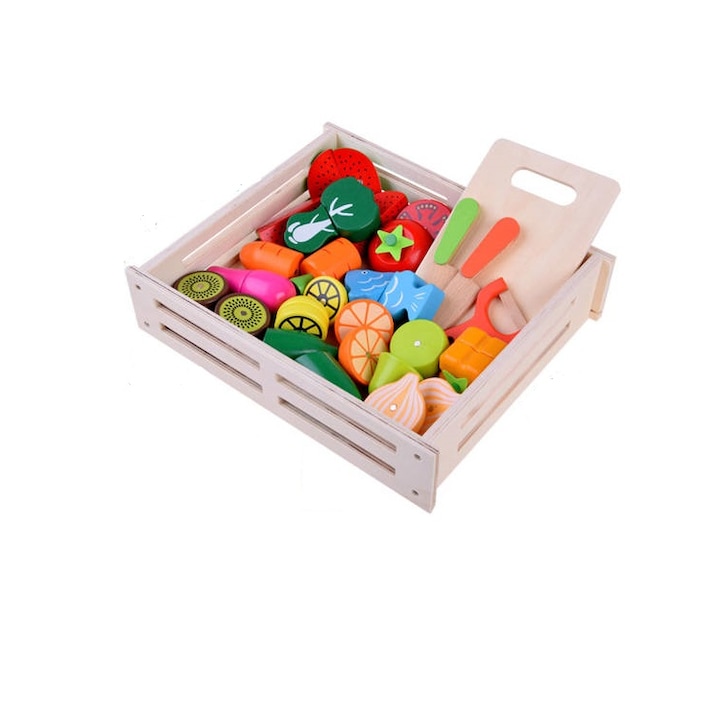 Set fructe/legume/cutie/tocator pentru copii, Jokomisiada, Lemn, Multicolor