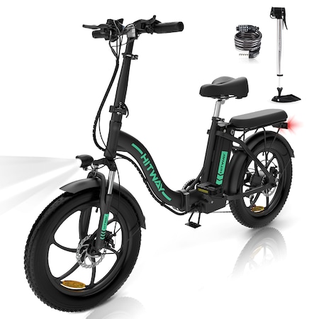 Bicicleta electrica HITWAY 20" FatTire Bicicleta pliabila de munte Ebike, motor 250W, baterie 36 V 11.2 Ah, Shimano 7 viteze, asistenta la pedala, Negru