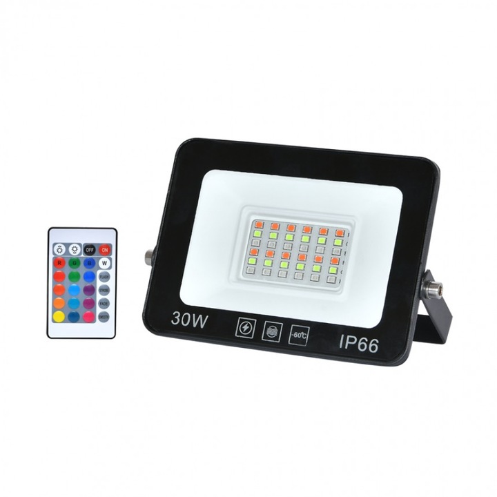 LED reflektor Lightex SLIM, 30W, RGBW, 2250lm, Távirányítóval, Vízálló, Fekete