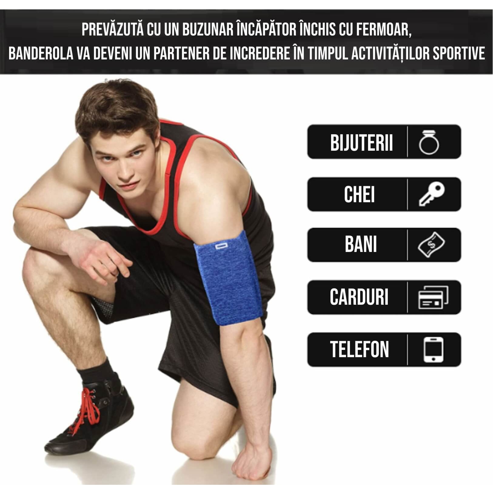 Husa telefon pentru brat, banderola Ideas4Comfort®, lycra elastica, fermoar, orificii casti, pentru alergat, sala, jogging, yoga, ciclism, plimbari, compatibila universal smartphone, marime M, albastru