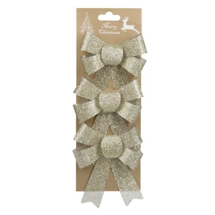 Set 3 fundite decorative cu sclipici pentru bradul de Craciun sau cadouri, sampanie, 13 x 12 cm