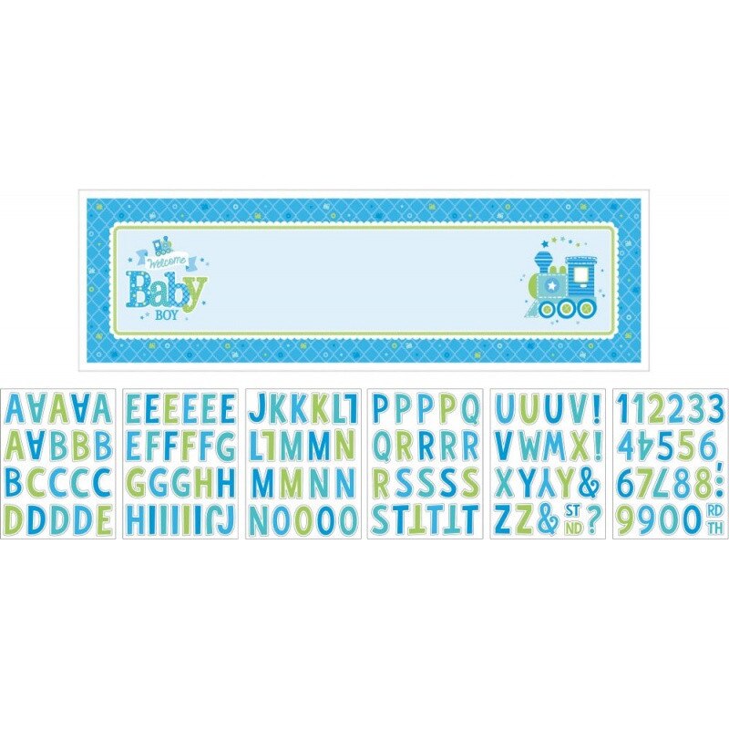 Banner bleu pentru petrecere personalizabil Welcome Baby Boy 165.1 X 50.8cm, Amscan 121460