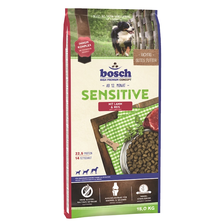 Hrana uscata pentru caini Bosch Sensitive, Miel si Orez, 15Kg