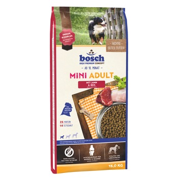 Hrana uscata pentru caini Bosch Adult Mini Miel si Orez, 15Kg Hrana uscata pentru caini Bosch Adult Mini Miel si Orez, 15Kg